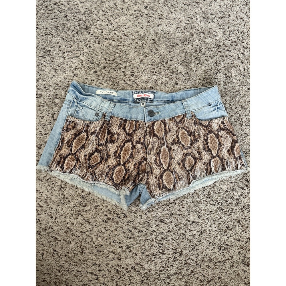 Y2K Snakeskin Denim Shorts Womens 13 Hot Kiss Animal Print Patchwork Distressed